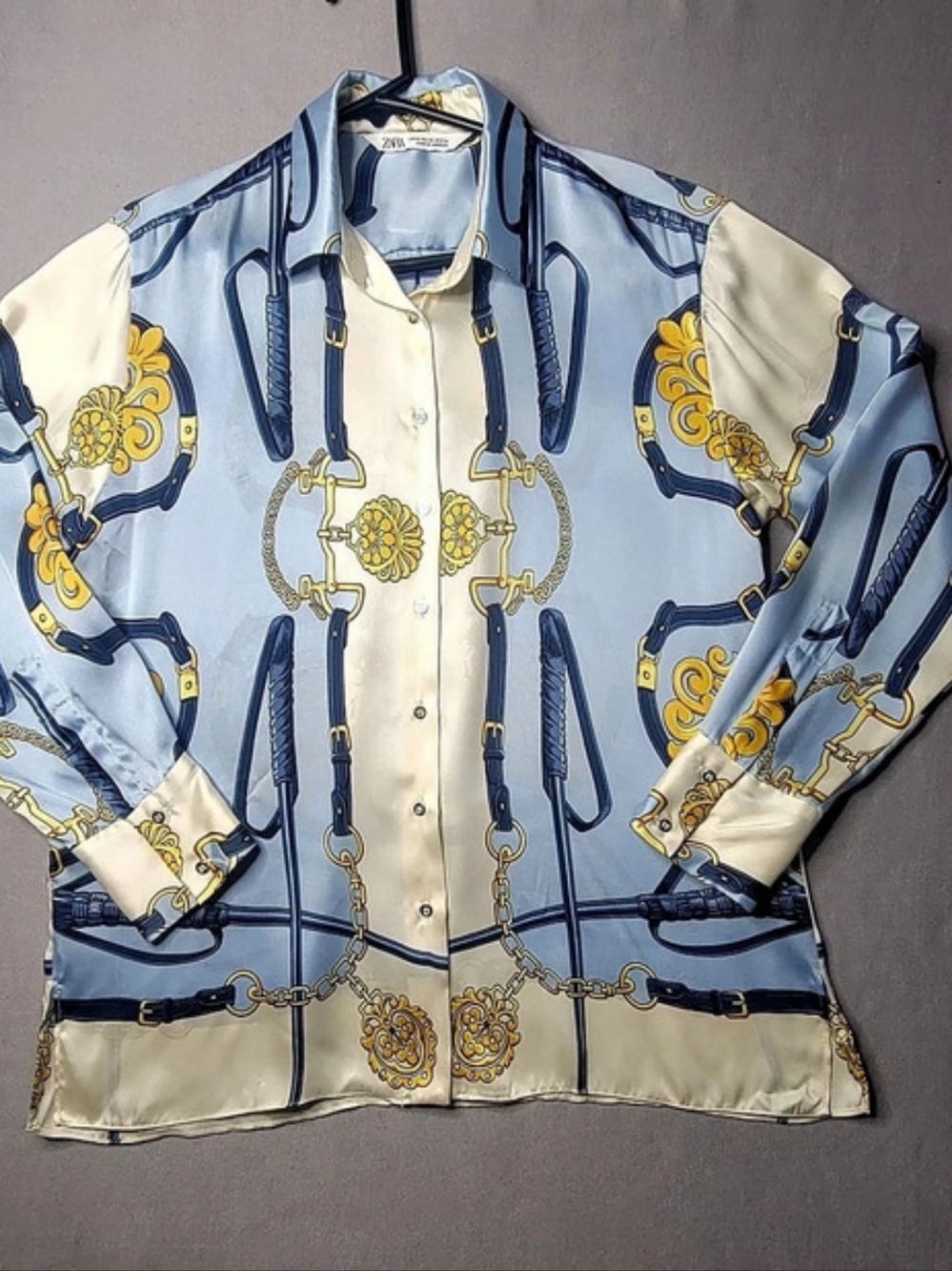 Zara Women's Chain Harness Printed Button Down Shirt in Blue & White Size XS